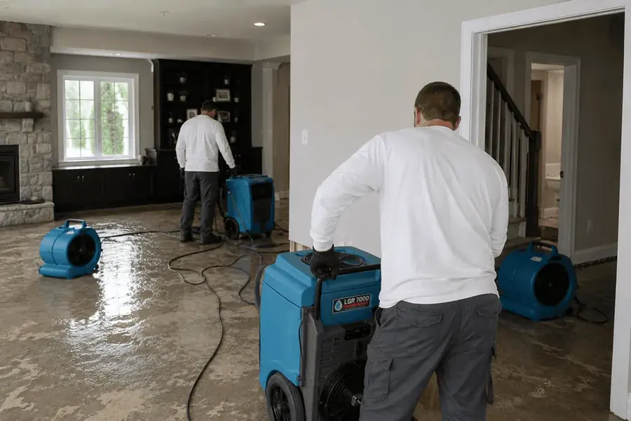 Restoration technicians arriving to dry a Yucaipa, CA home