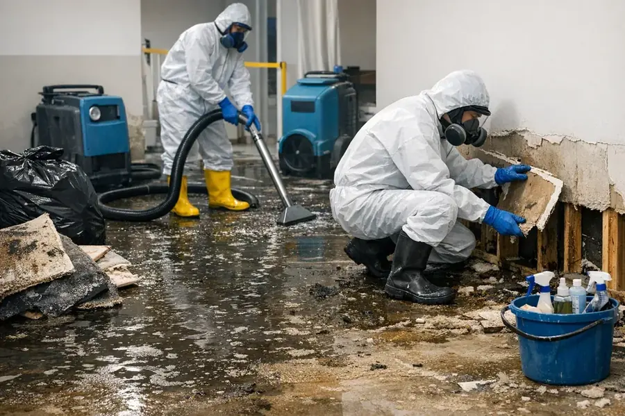 Technician in protective gear cleaning up a sewage backup in a Yucaipa, CA home